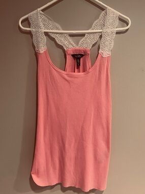 Nicole Miller Pink Ribbed Tank Top White Lace Straps Racerback Cami Coquette XL